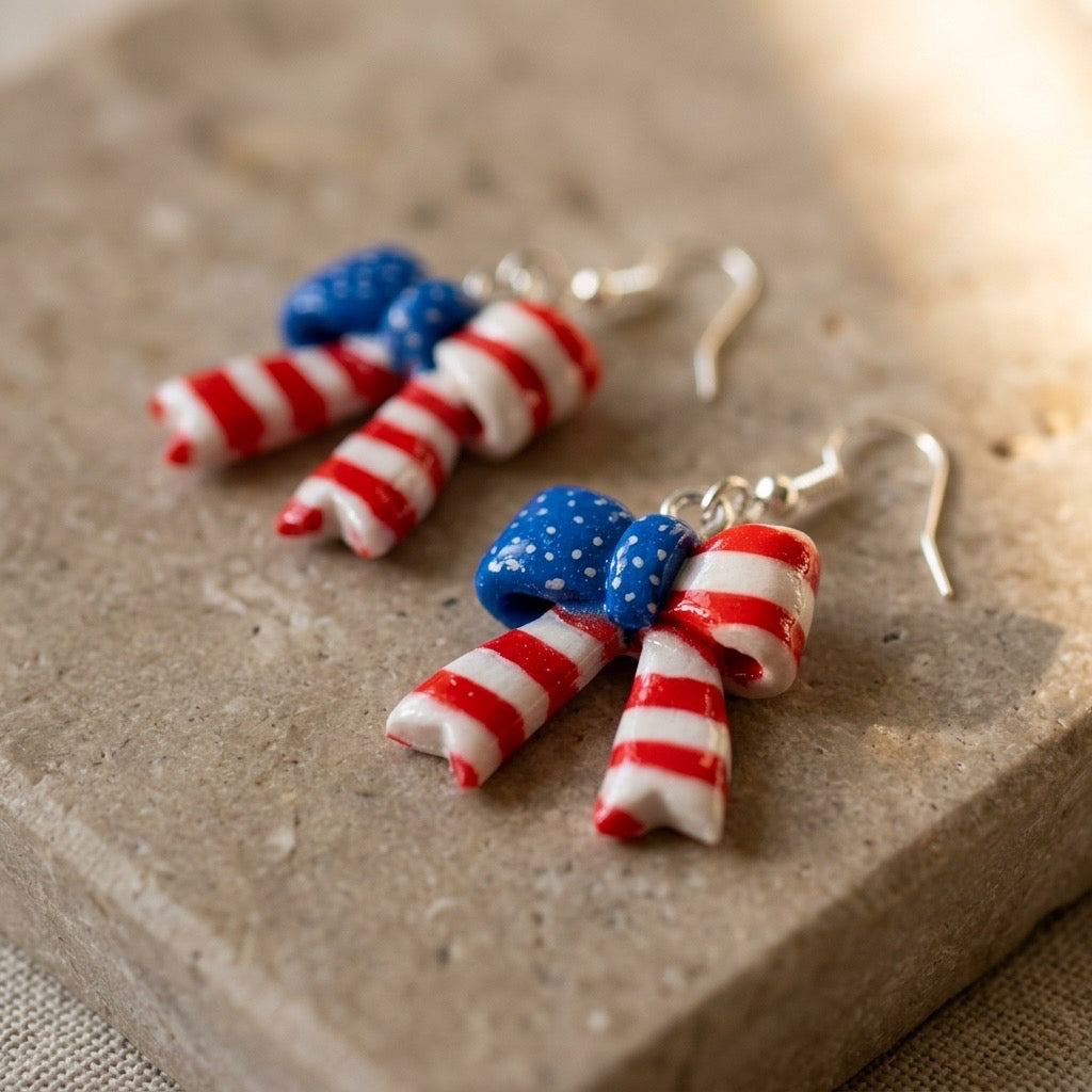Patriotic Bow Dangle Earrings | Red White & Blue Fourth of July Earrings