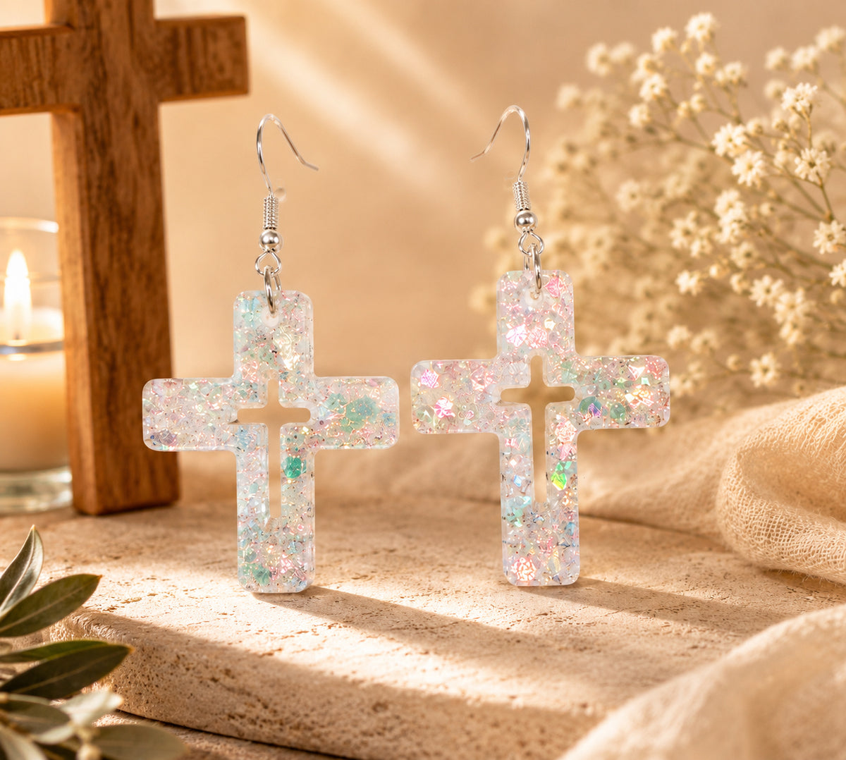Opal Shimmer Cross Dangle Earrings