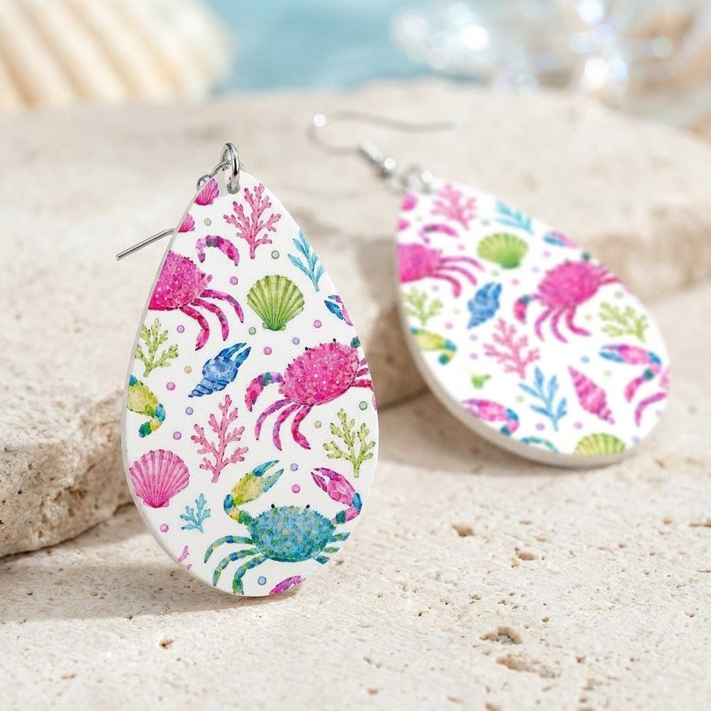 Pastel Coastal Crab Earrings – Handmade Beach-Inspired Teardrop Dangles