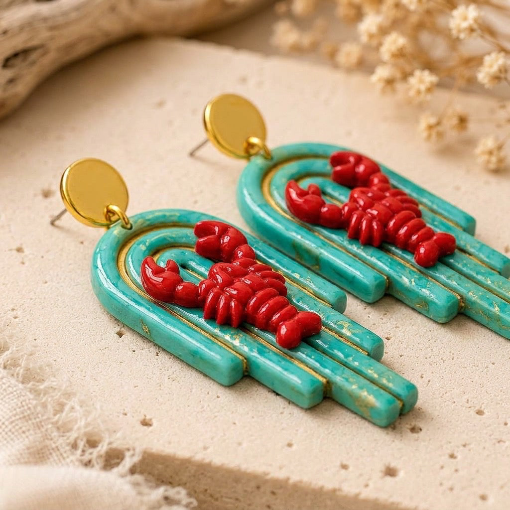 Coastal Lobster Arch Dangle Earrings – Handmade Polymer Clay Statement Earrings