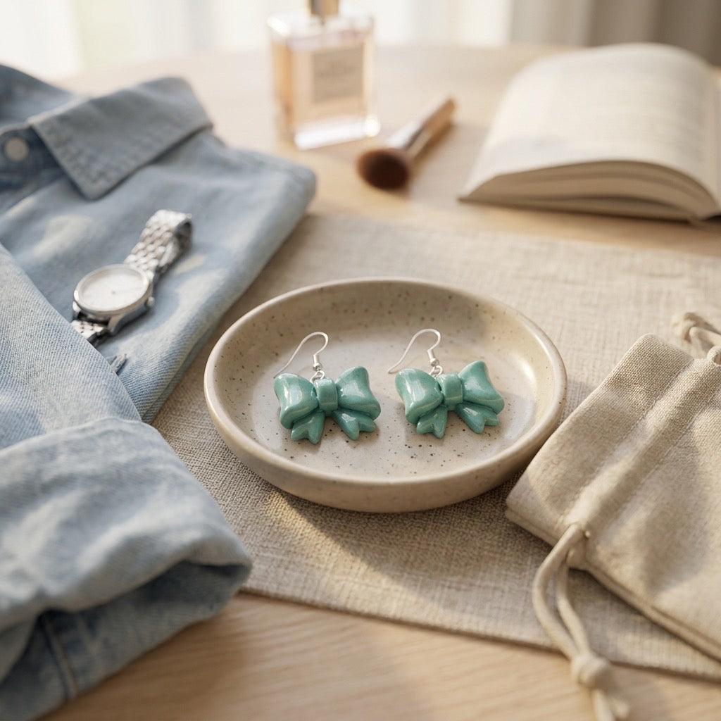 Sea Glass Bow Earrings – Handmade Coastal Polymer Clay Dangles