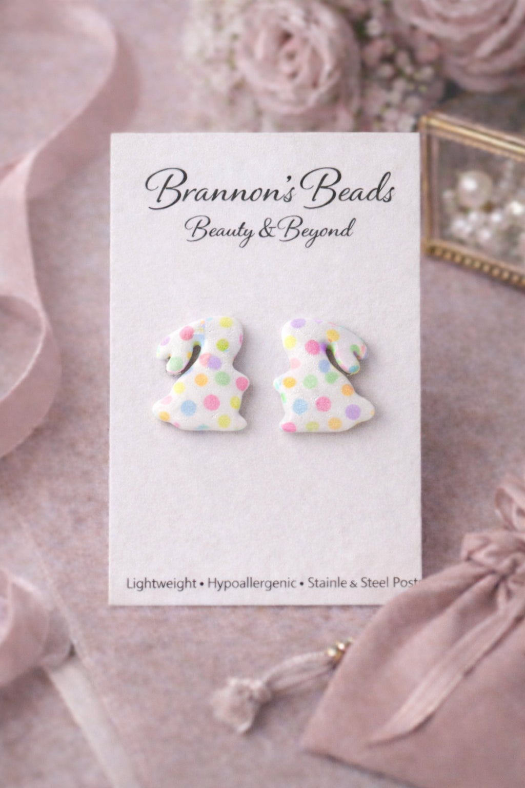 Pastel Polka Dot Bunny Stud Earrings | Easter Polymer Clay Bunny Studs