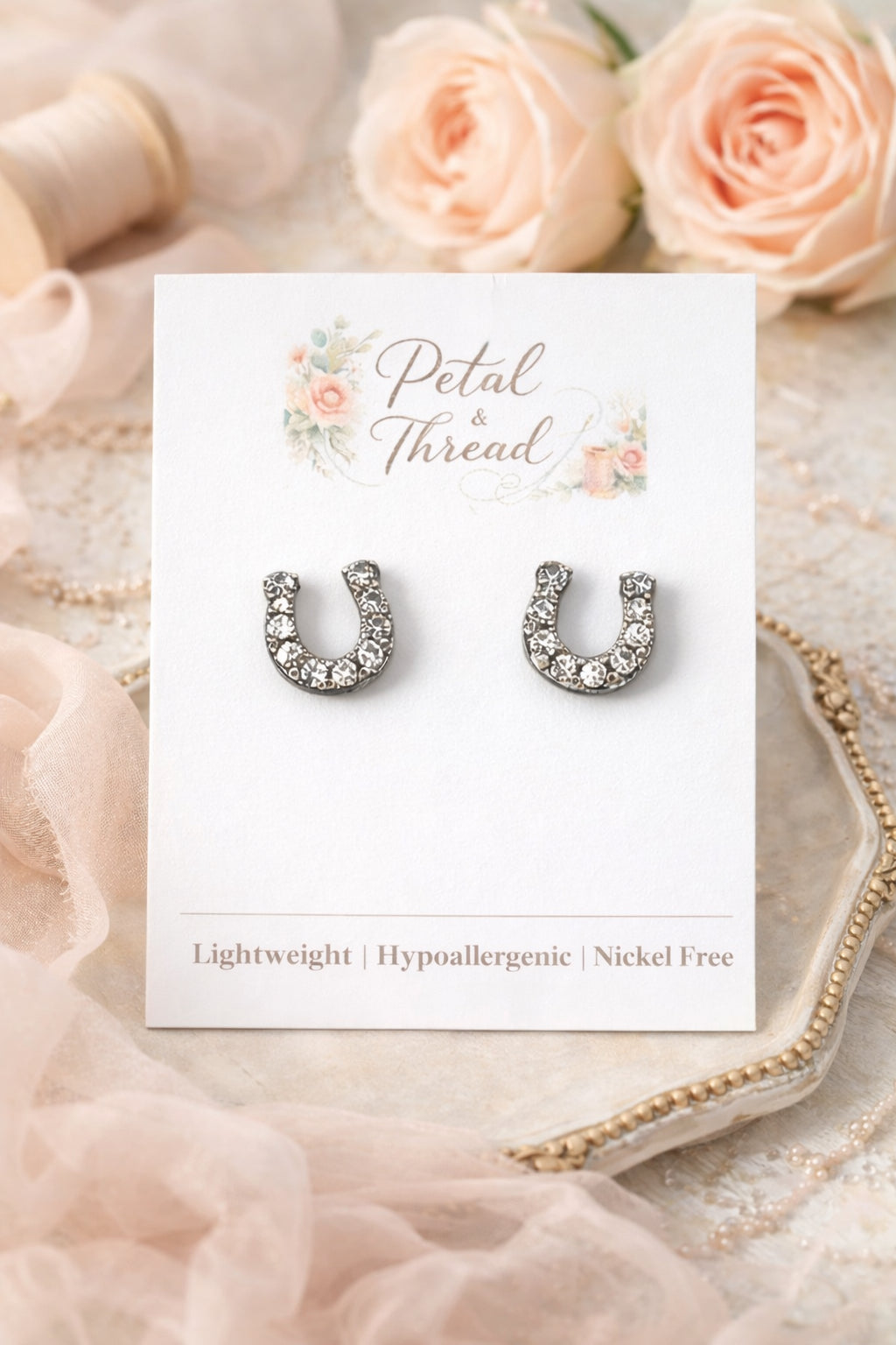 Black Horseshoe Stud Earrings | Crystal Western Lucky Studs