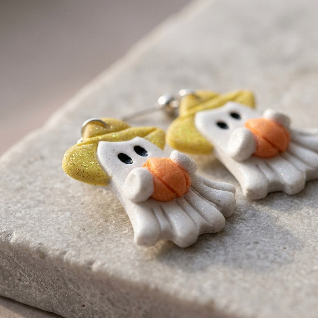 Yellow Sunhat Ghost Dangle Earrings