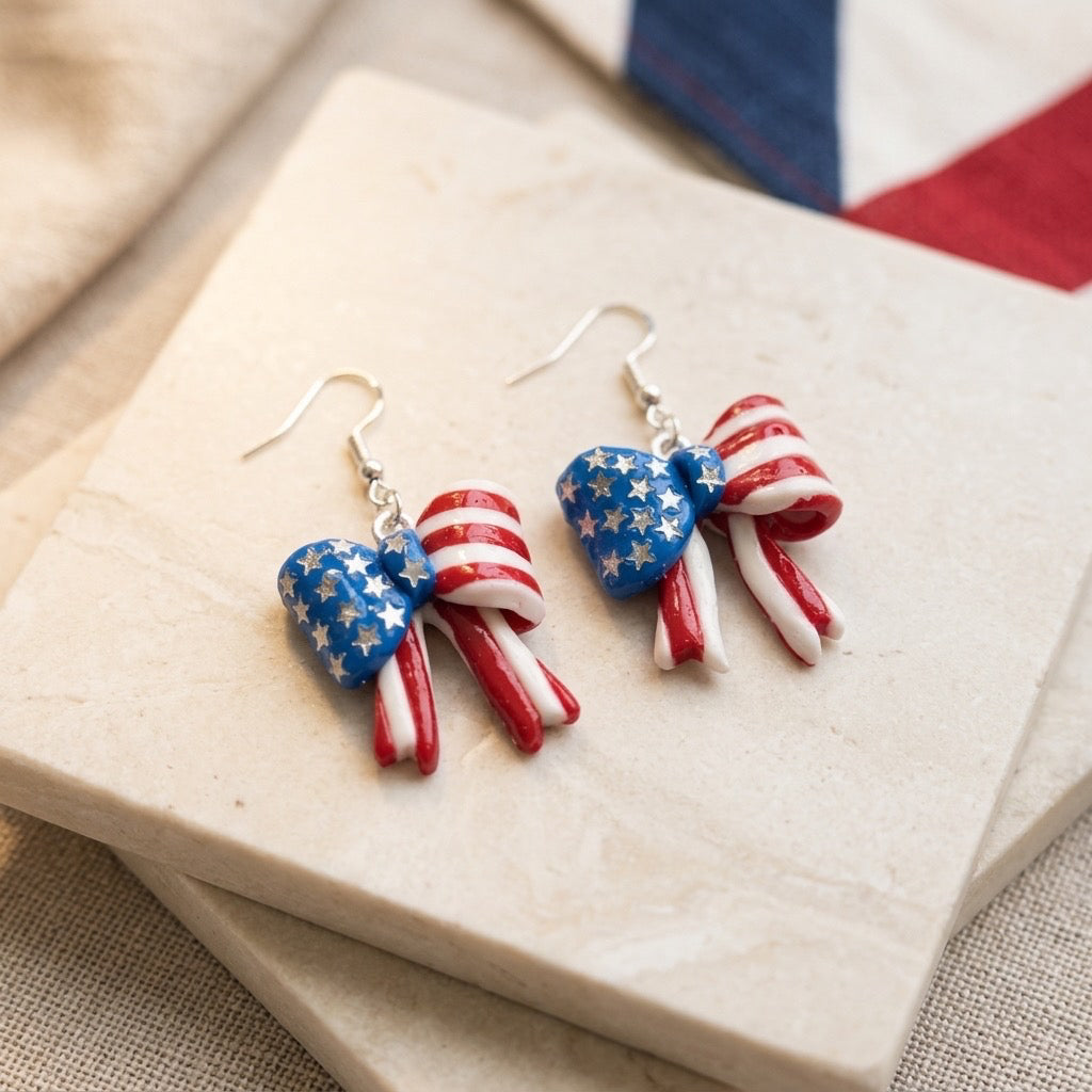 Stars & Stripes Bow Dangle Earrings – Handmade Patriotic Polymer Clay Earrings