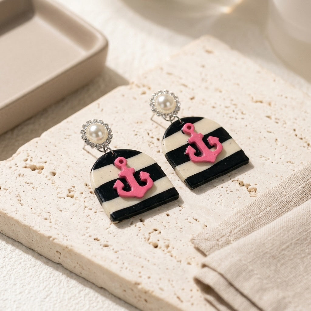Pink Anchor Coastal Earrings – Handmade Nautical Polymer Clay Dangles