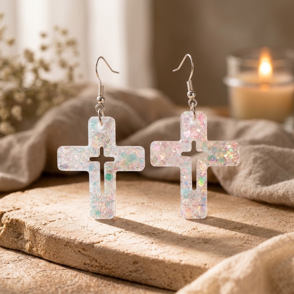 Opal Shimmer Cross Dangle Earrings