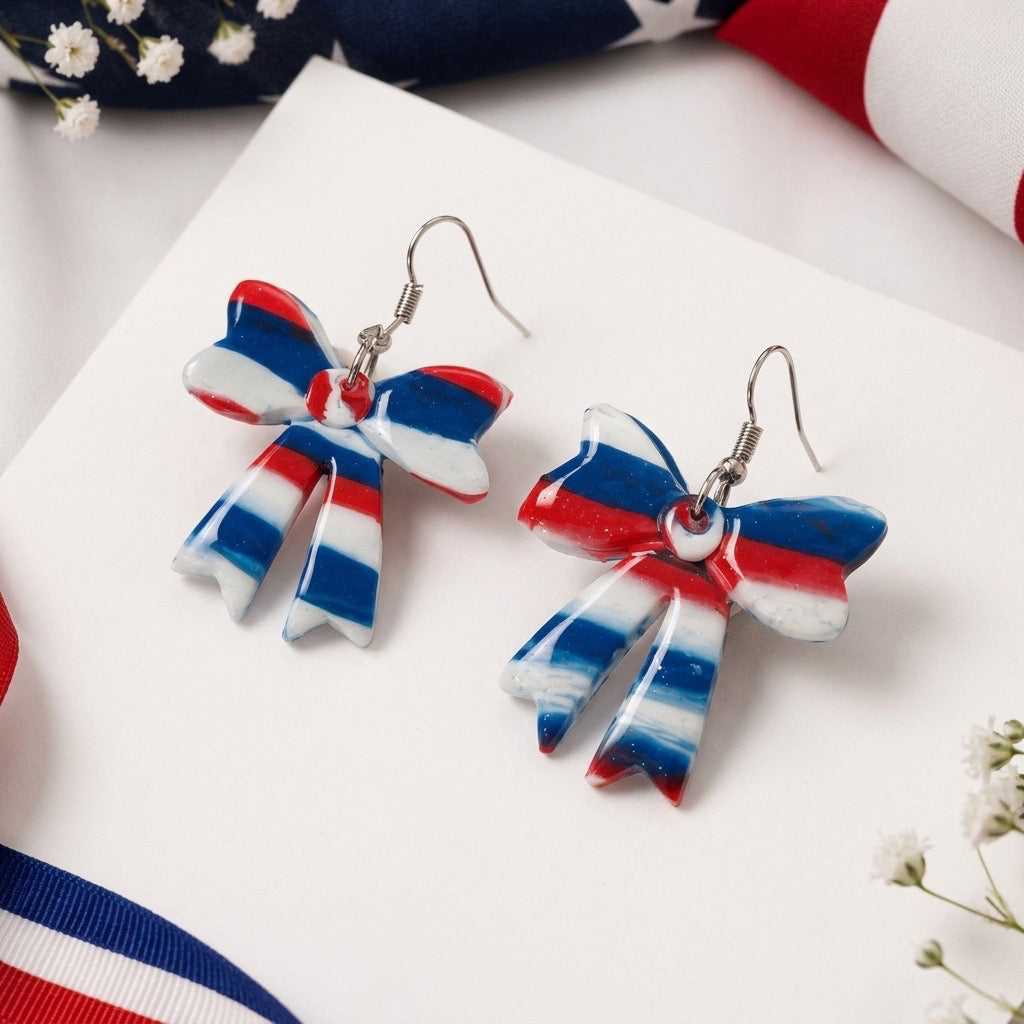 Patriotic Striped Bow Dangle Earrings