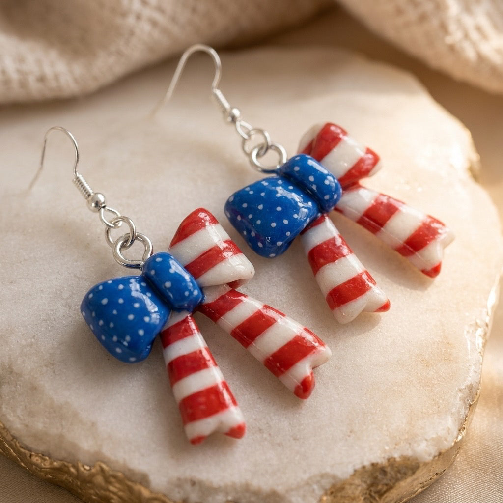 Patriotic Bow Dangle Earrings | Red White & Blue Fourth of July Earrings