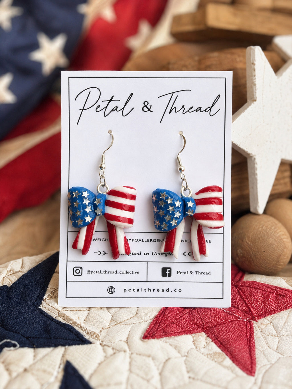 Stars & Stripes Bow Dangle Earrings – Handmade Patriotic Polymer Clay Earrings