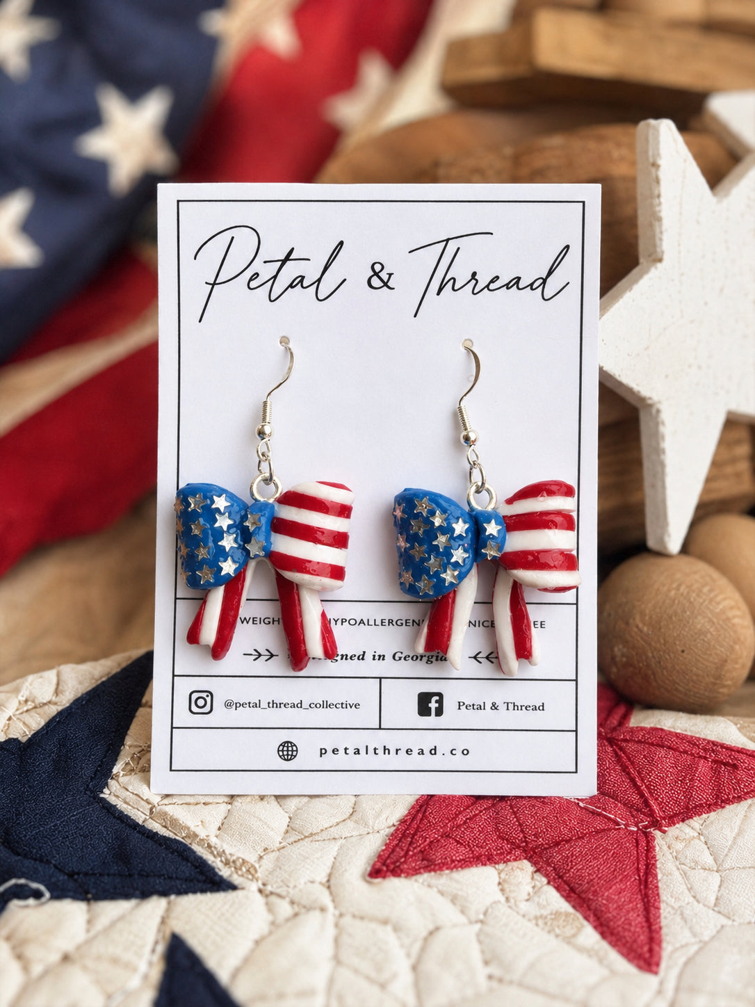 Stars & Stripes Bow Dangle Earrings – Handmade Patriotic Polymer Clay Earrings