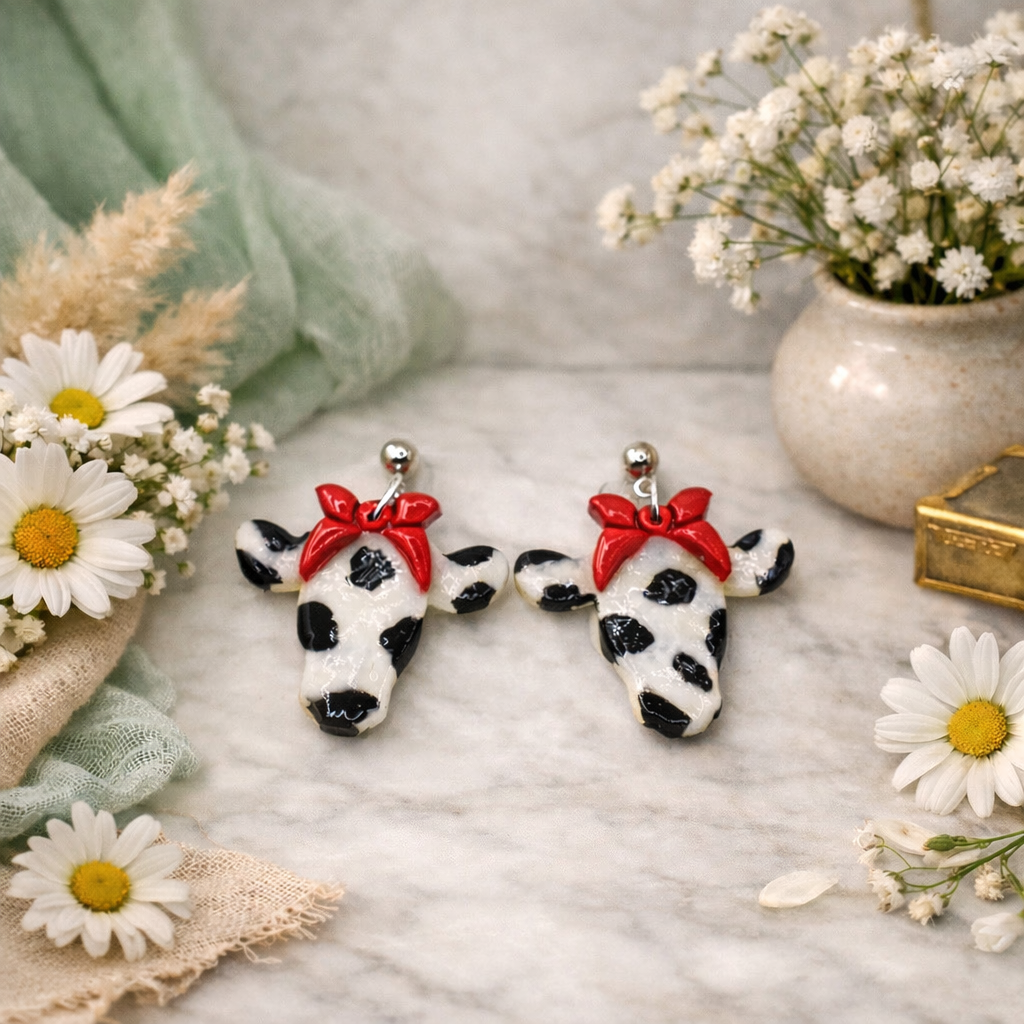 Cow Print Bow Cattle Head Earrings (Black & White + Red Bow) – Hypoallergenic