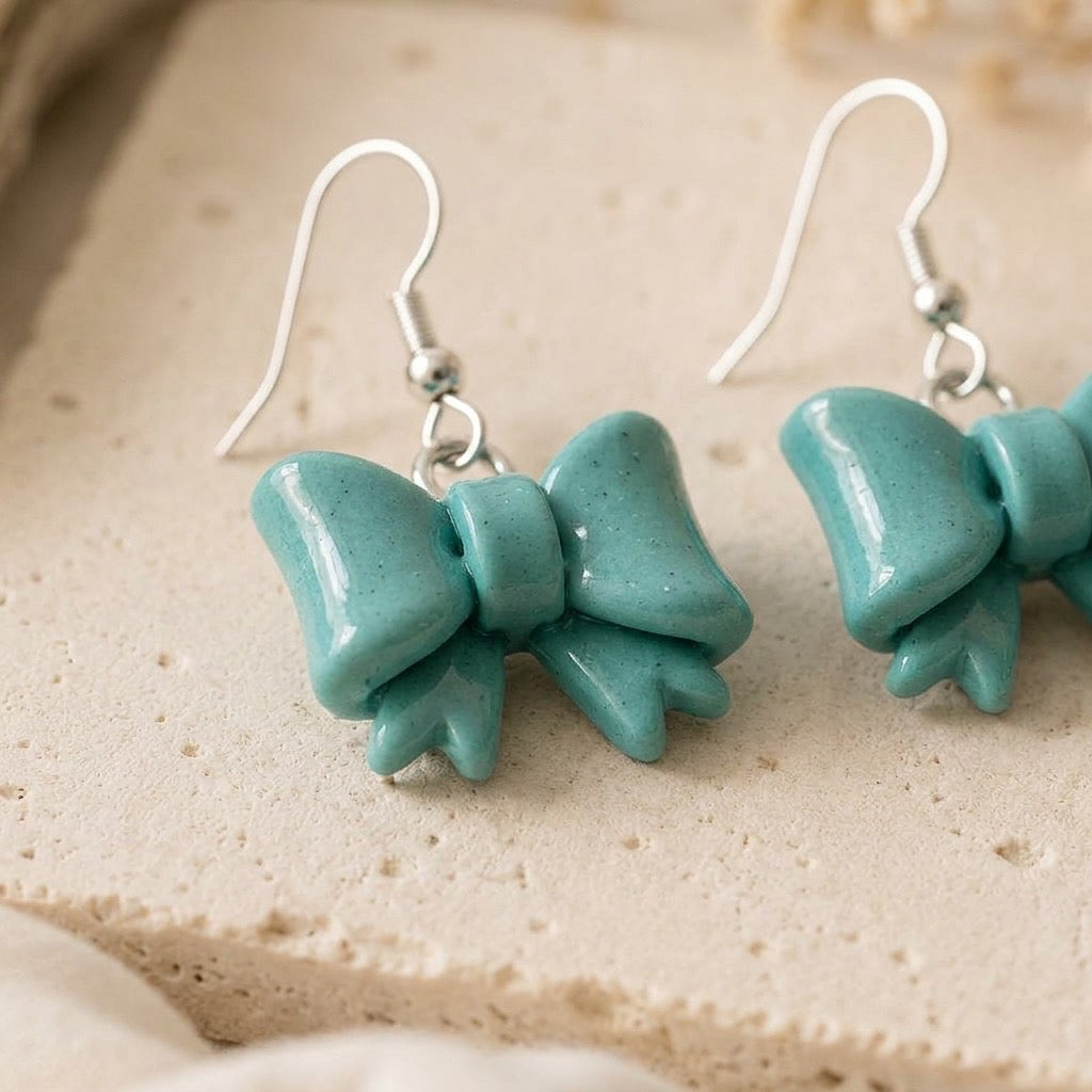 Sea Glass Bow Earrings – Handmade Coastal Polymer Clay Dangles