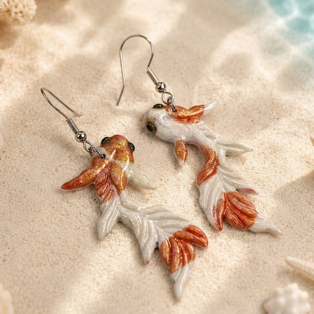 Golden Tide Koi Dangles – Handmade Coastal Statement Earrings