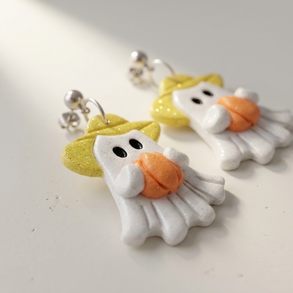 Yellow Sunhat Ghost Dangle Earrings
