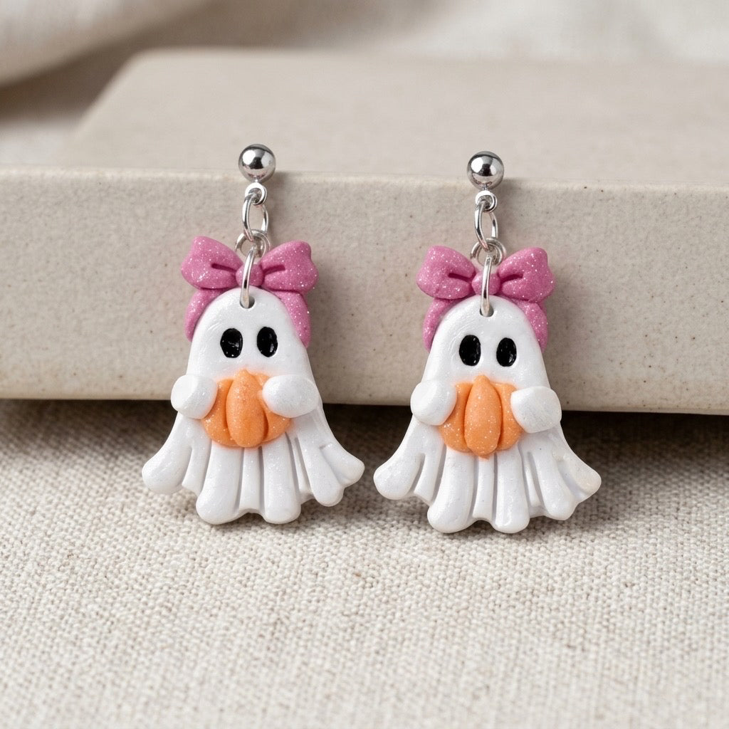 Pink Bow Ghost Dangle Earrings