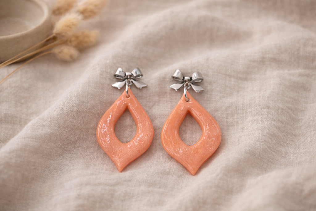 Peach Teardrop Dangle Earrings with Silver Bow Studs | Lightweight | Nickel Free