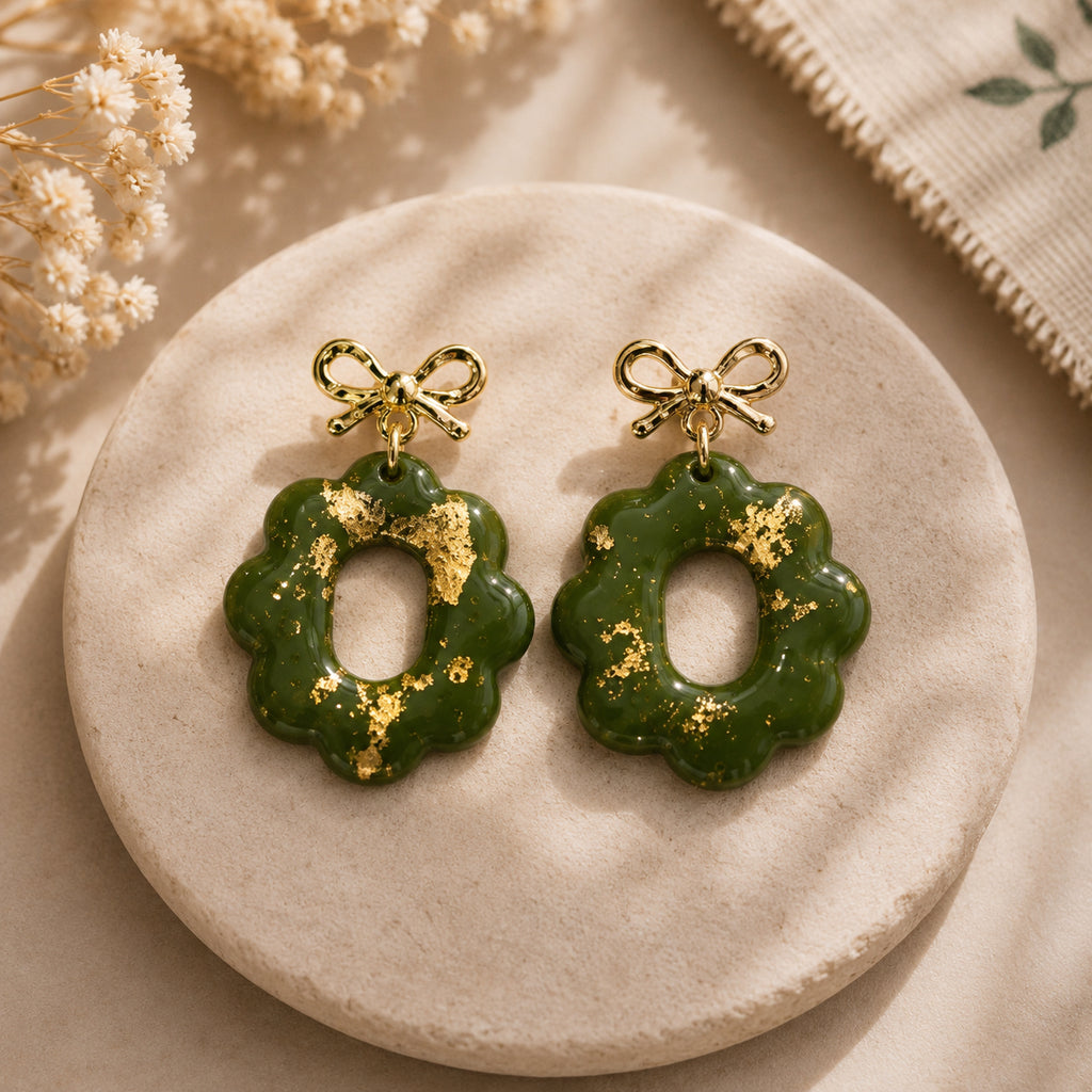 Green & Gold Foil Bow Dangle Earrings
