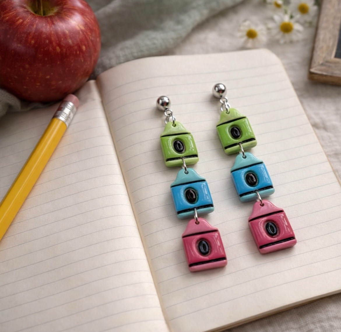 Crayon Dangle Earrings – Colorful Teacher Earrings – Lightweight, Hypoallergenic