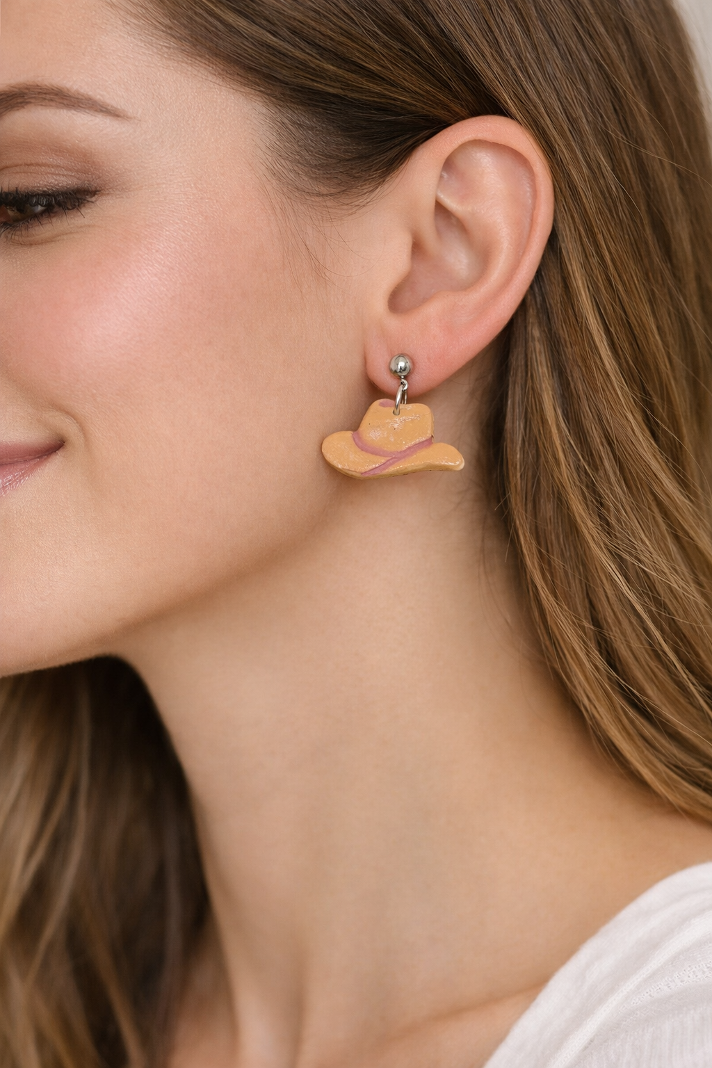 Brown Cowgirl Hat Dangle Earrings with Pink Lining