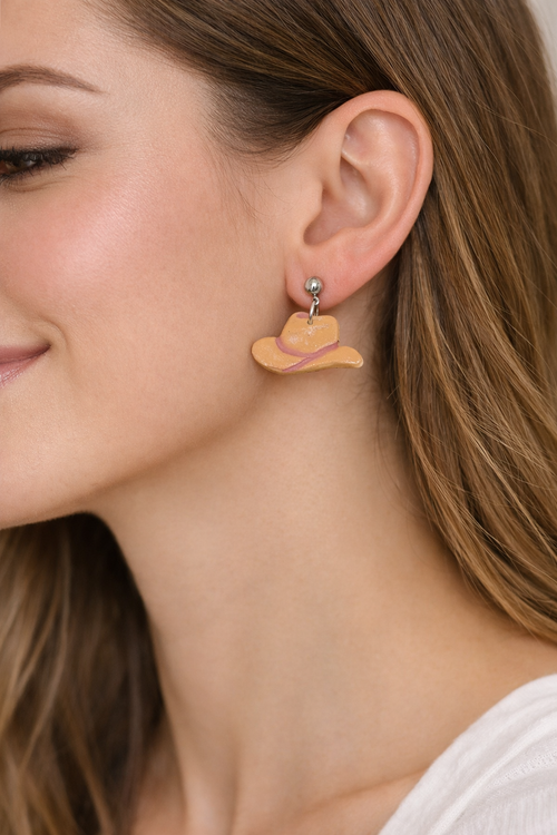 Brown Cowgirl Hat Dangle Earrings with Pink Lining