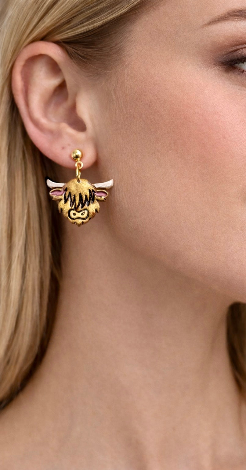 Highland Cow Dangle Earrings – Western Glam Gold & Pink | Hypoallergenic