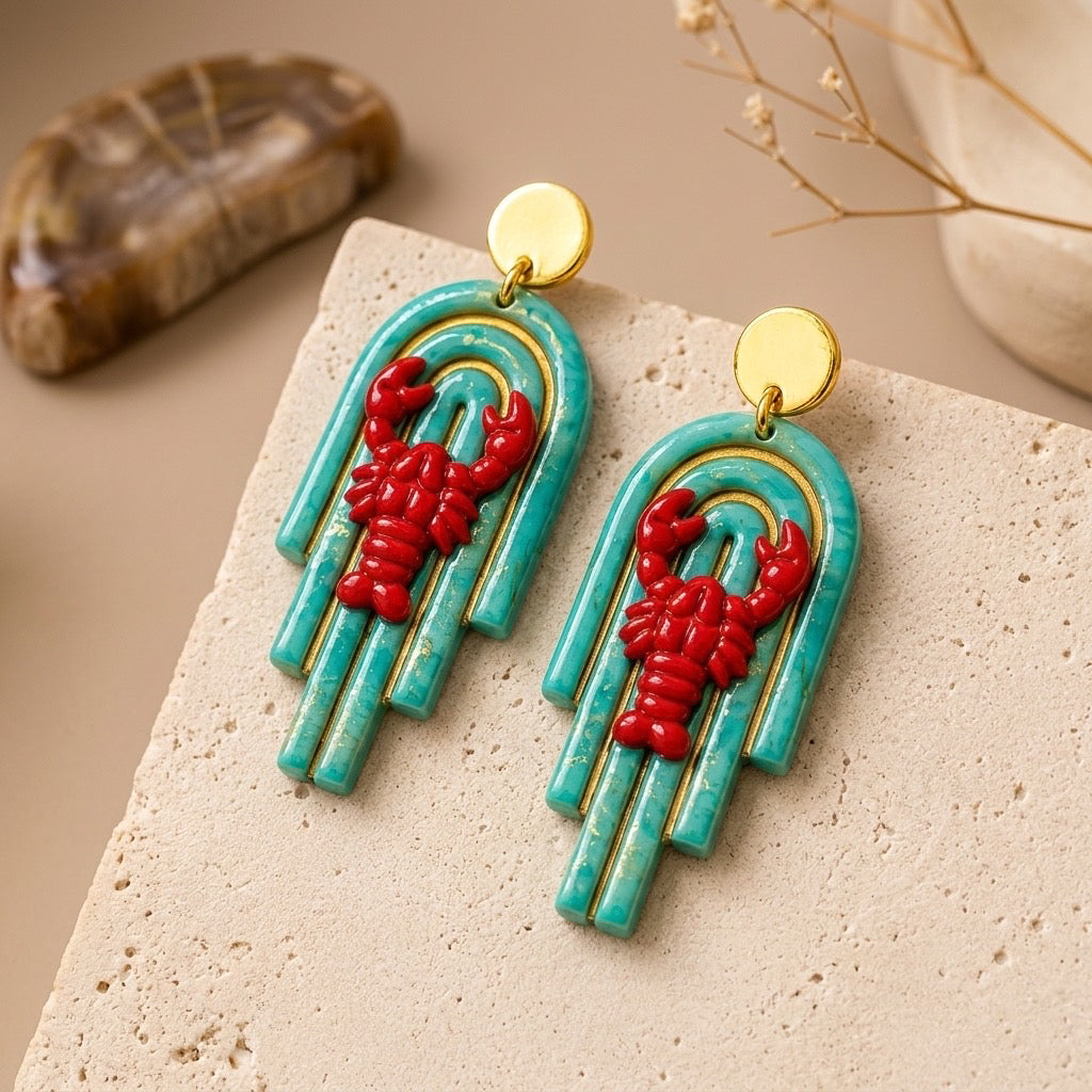 Coastal Lobster Arch Dangle Earrings – Handmade Polymer Clay Statement Earrings