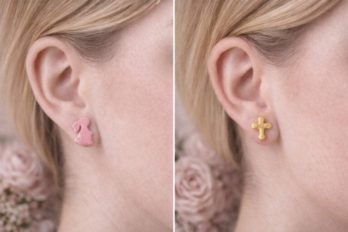 Pink Bunny & Gold Cross Stud Earring Set | Easter Polymer Clay Earrings