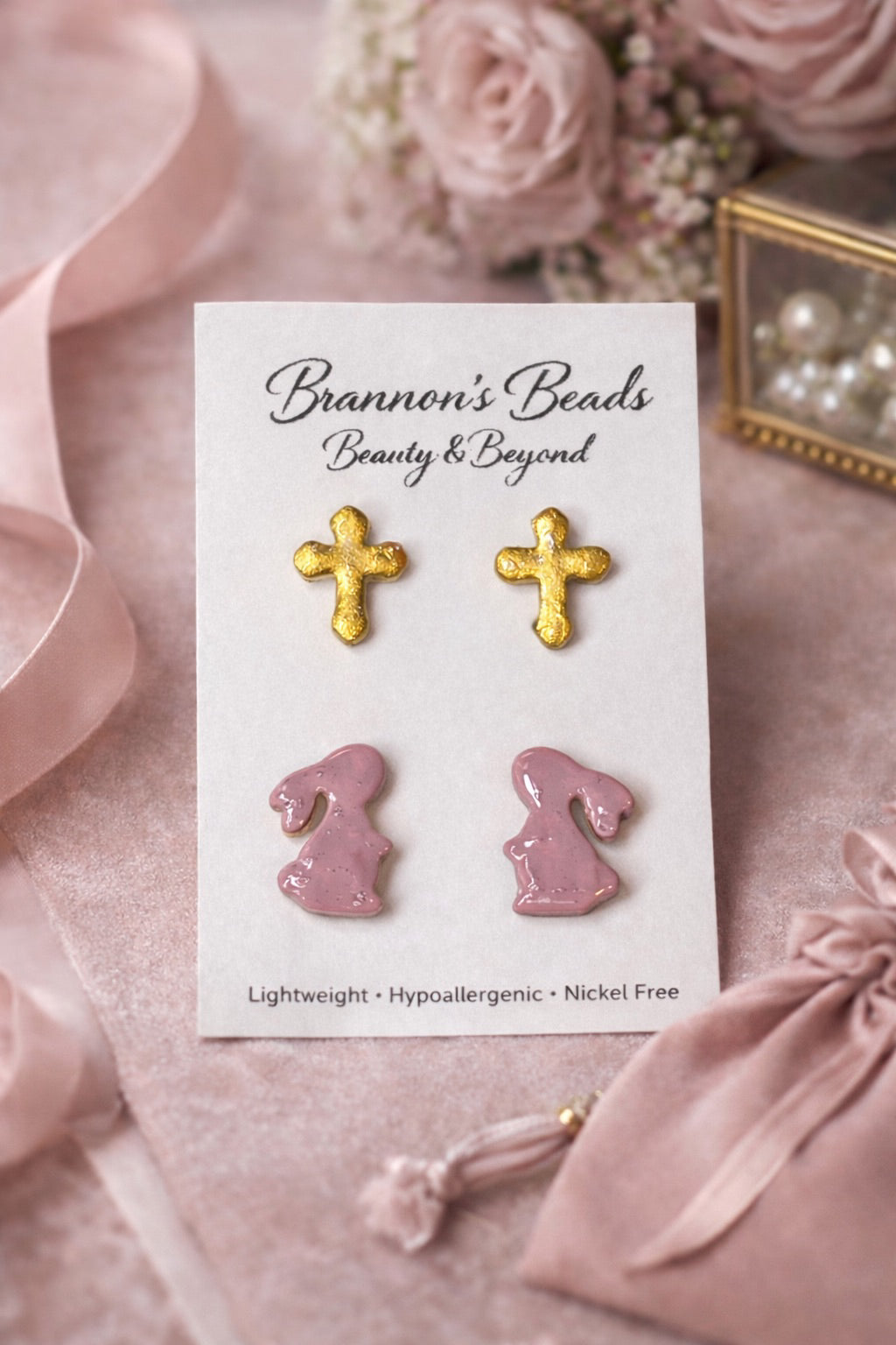 Pink Bunny & Gold Cross Stud Earring Set | Easter Polymer Clay Earrings
