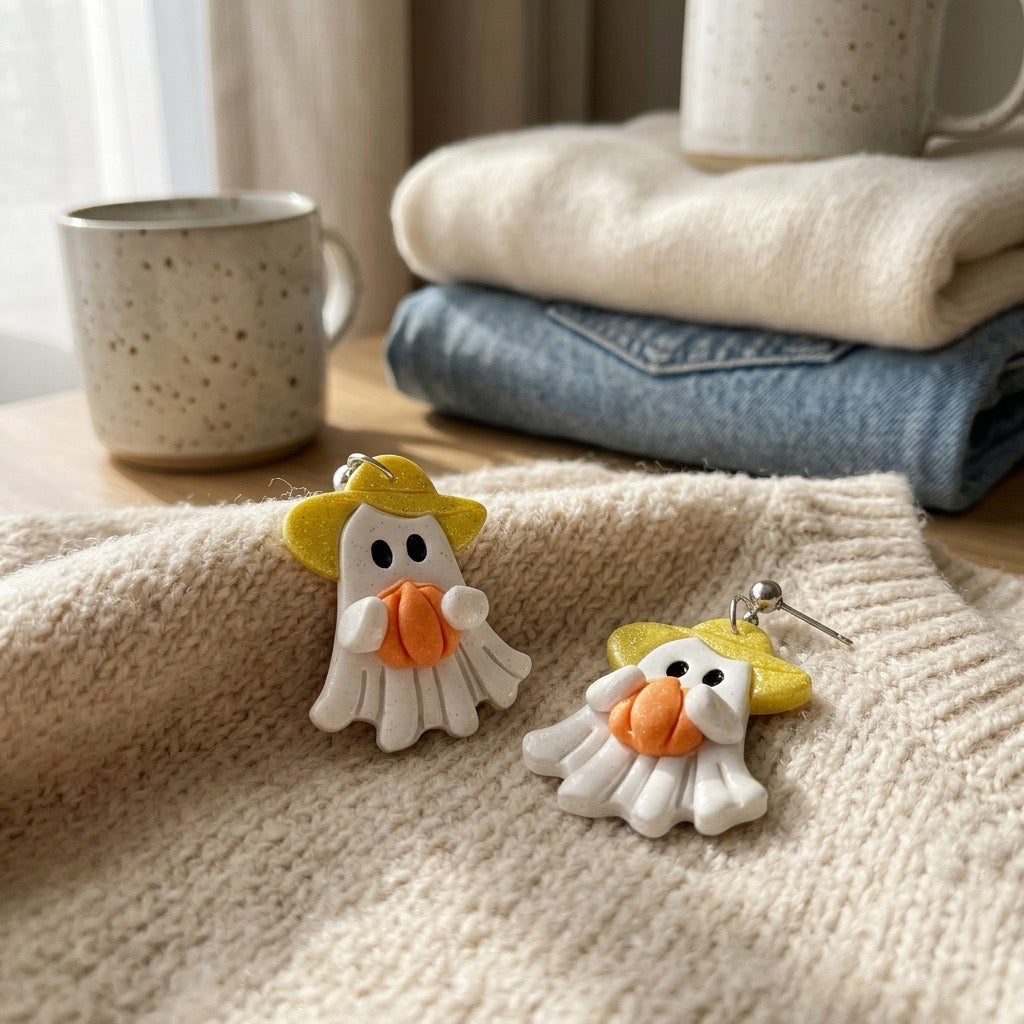 Yellow Sunhat Ghost Dangle Earrings