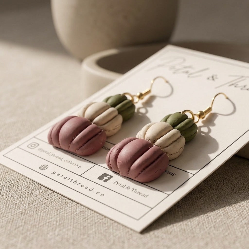 Autumn Pumpkin Stack Dangle Earrings | Olive, Ivory & Mauve