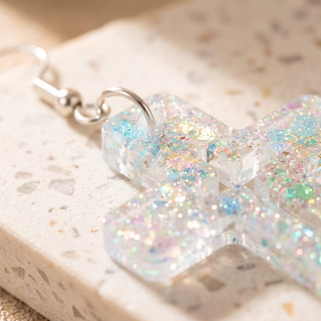 Opal Shimmer Cross Dangle Earrings