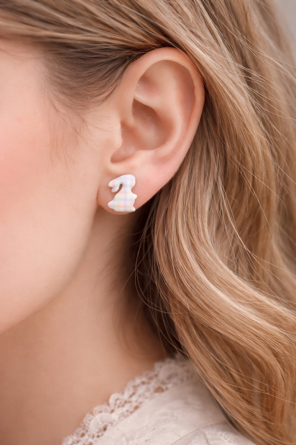 Pastel Plaid Bunny Stud Earrings | Easter Bunny Earrings | Nickel Free Studs
