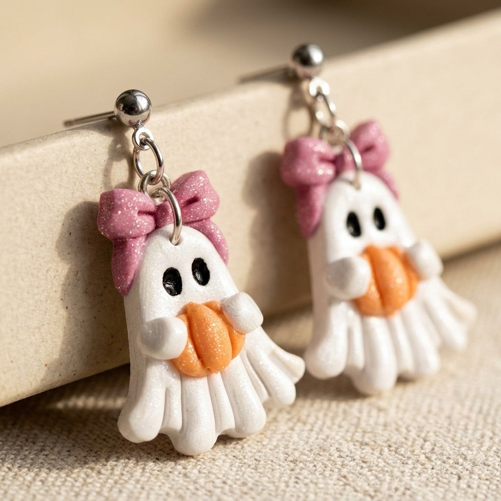 Pink Bow Ghost Dangle Earrings