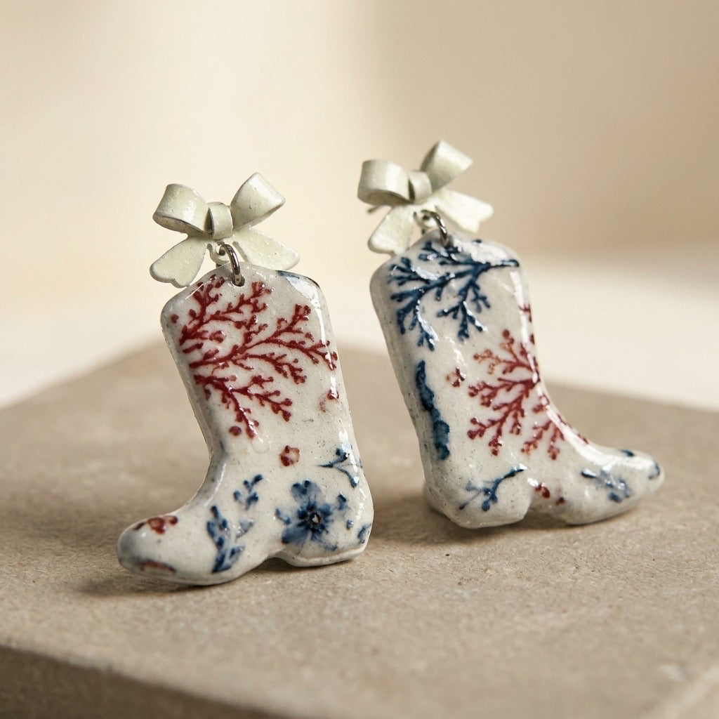 Patriotic Floral Cowboy Boot Dangle Earrings
