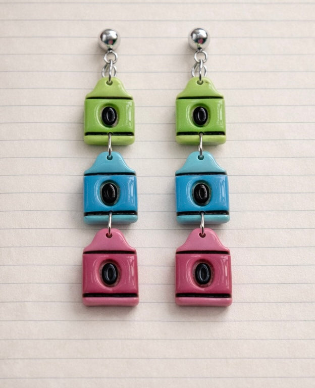 Crayon Dangle Earrings – Colorful Teacher Earrings – Lightweight, Hypoallergenic