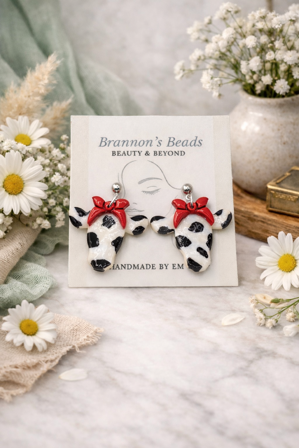 Cow Print Bow Cattle Head Earrings (Black & White + Red Bow) – Hypoallergenic