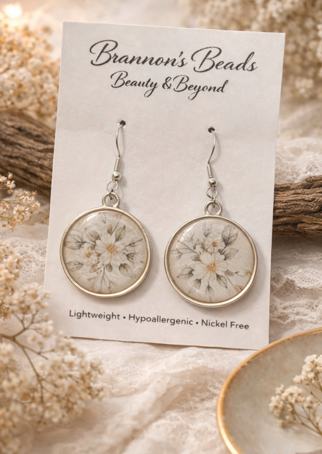 Neutral Floral Dangle Earrings | Lightweight Hypoallergenic Boho Jewelry
