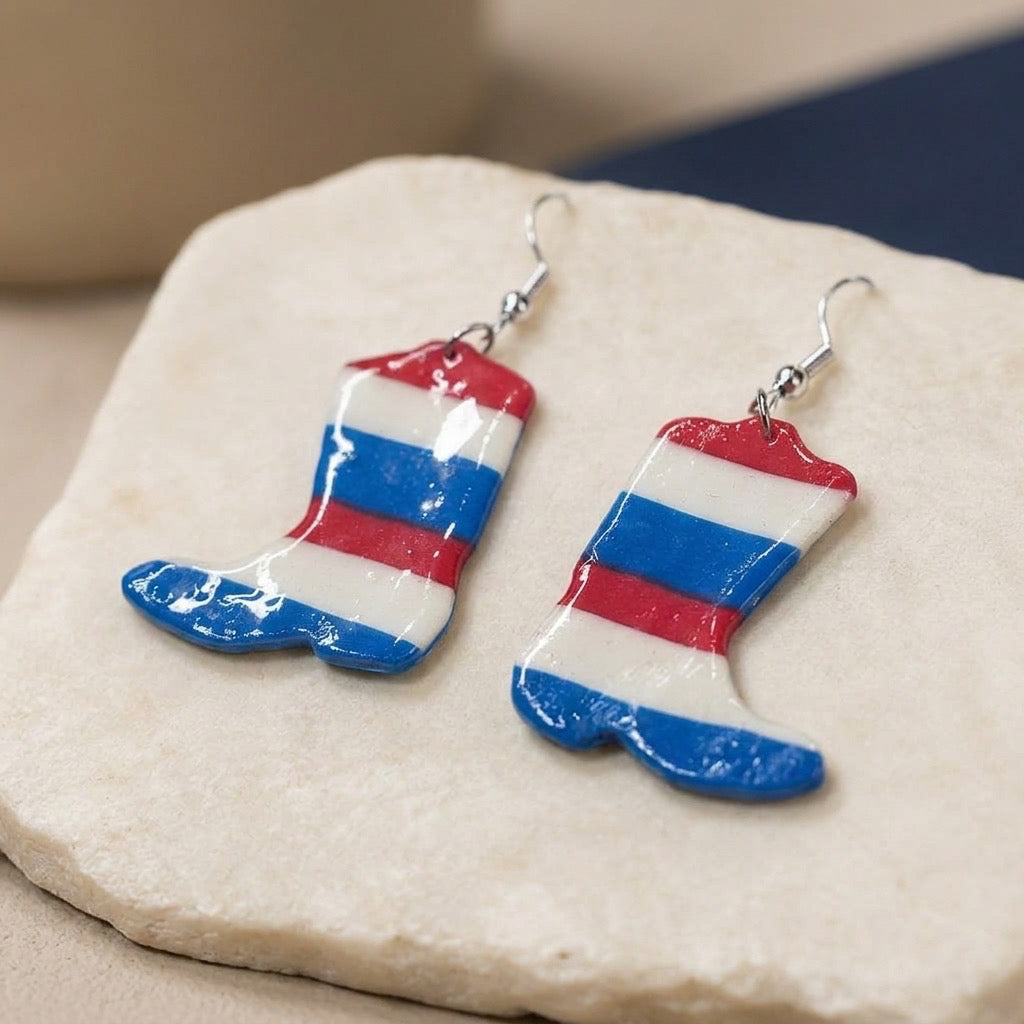 Patriotic Cowboy Boot Dangle Earrings – Lightweight, Hypoallergenic & Nickel Fre