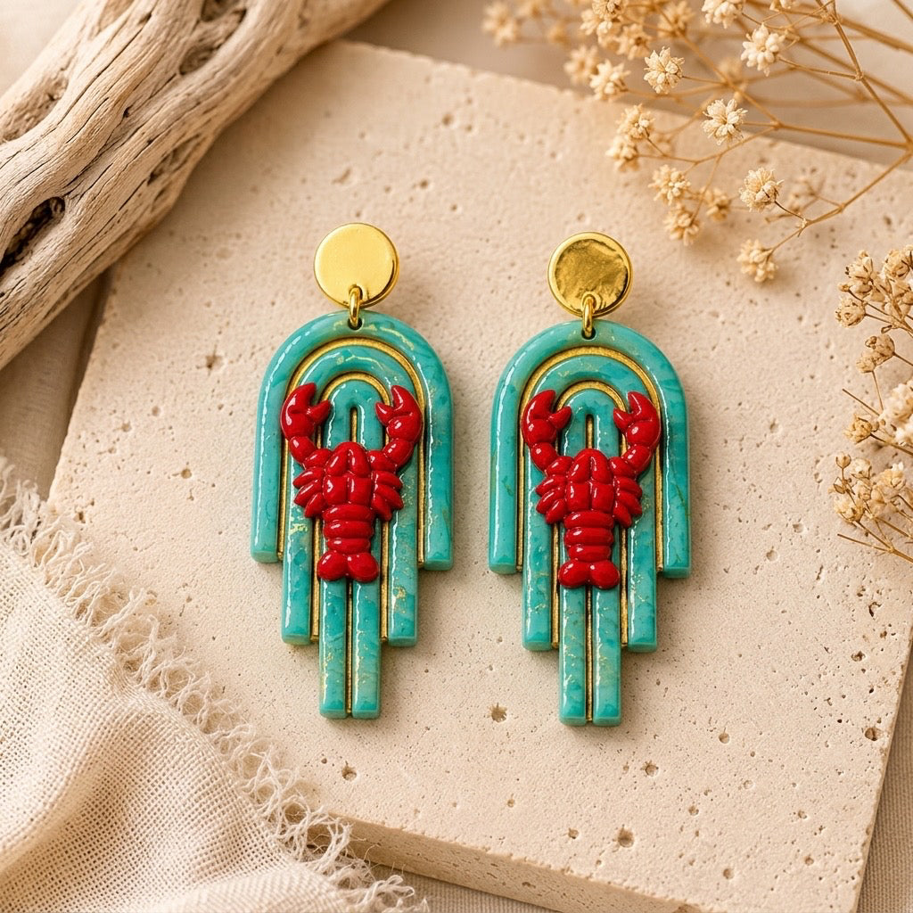 Coastal Lobster Arch Dangle Earrings – Handmade Polymer Clay Statement Earrings