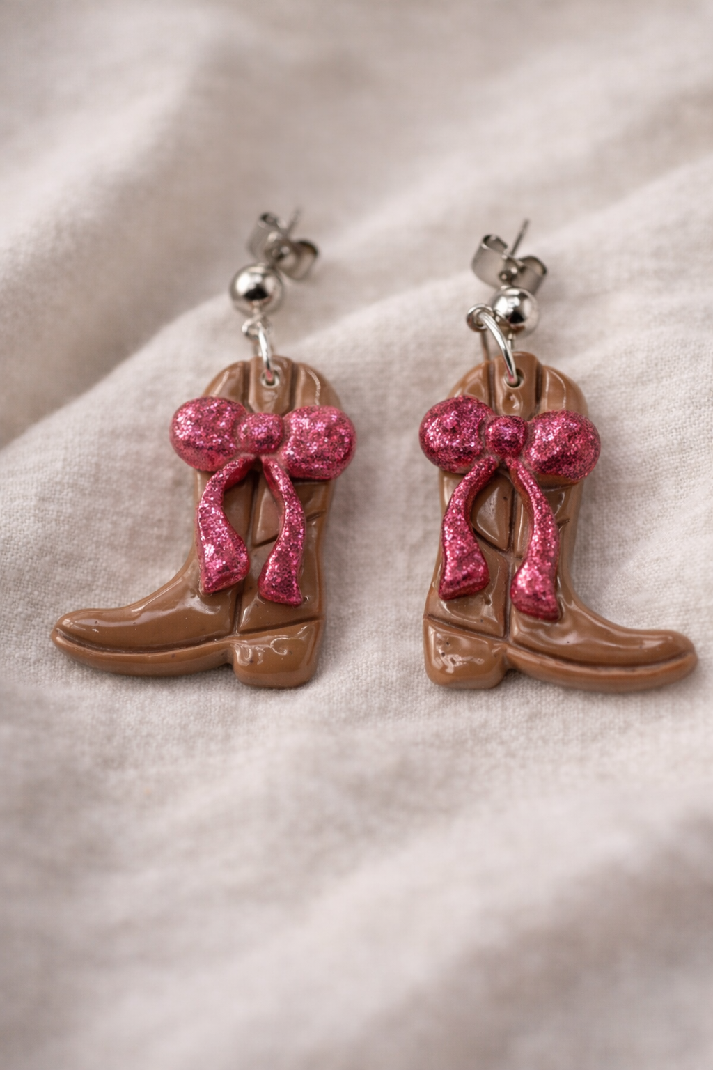Pink Glitter Bow Cowgirl Boots Dangle Earrings