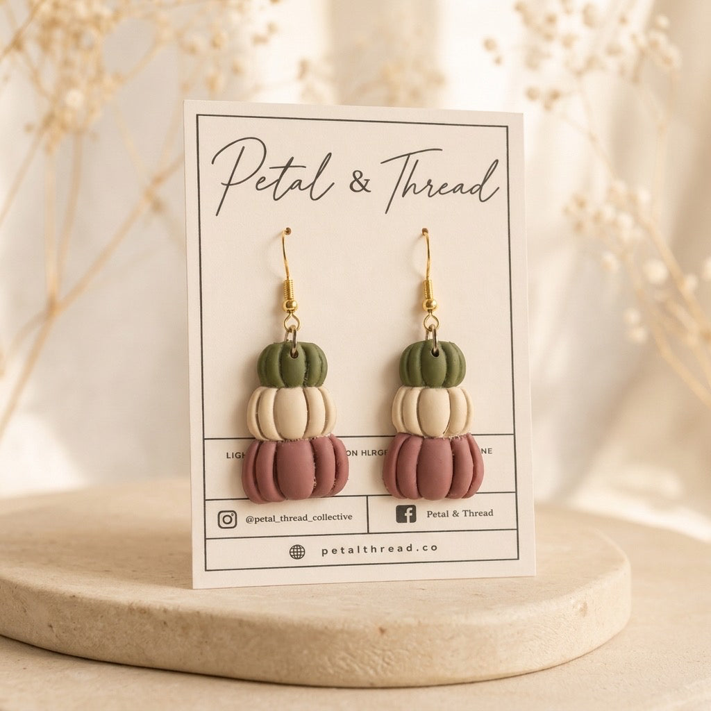 Autumn Pumpkin Stack Dangle Earrings | Olive, Ivory & Mauve