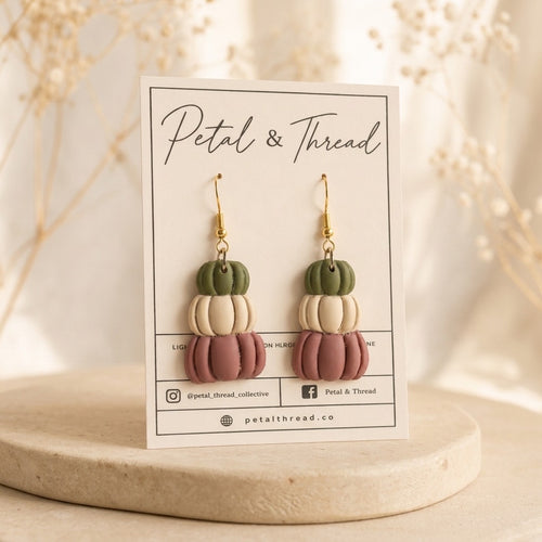Autumn Pumpkin Stack Dangle Earrings | Olive, Ivory & Mauve