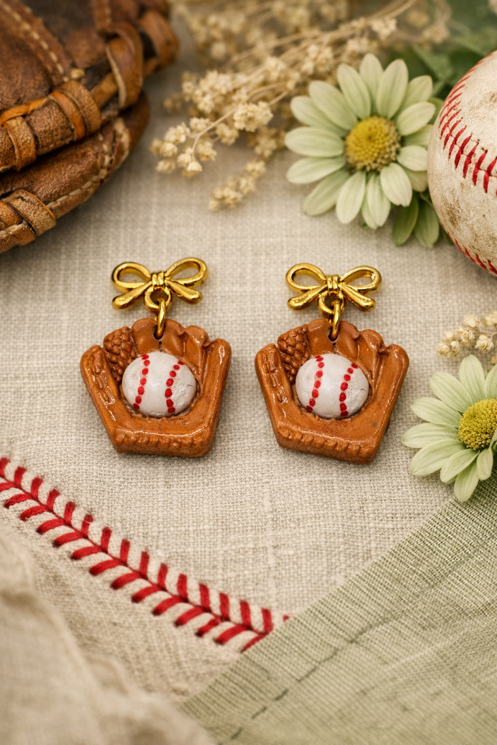 Baseball Glove & Ball Bow Dangle Earrings | Lightweight, Hypoallergenic & Nickel