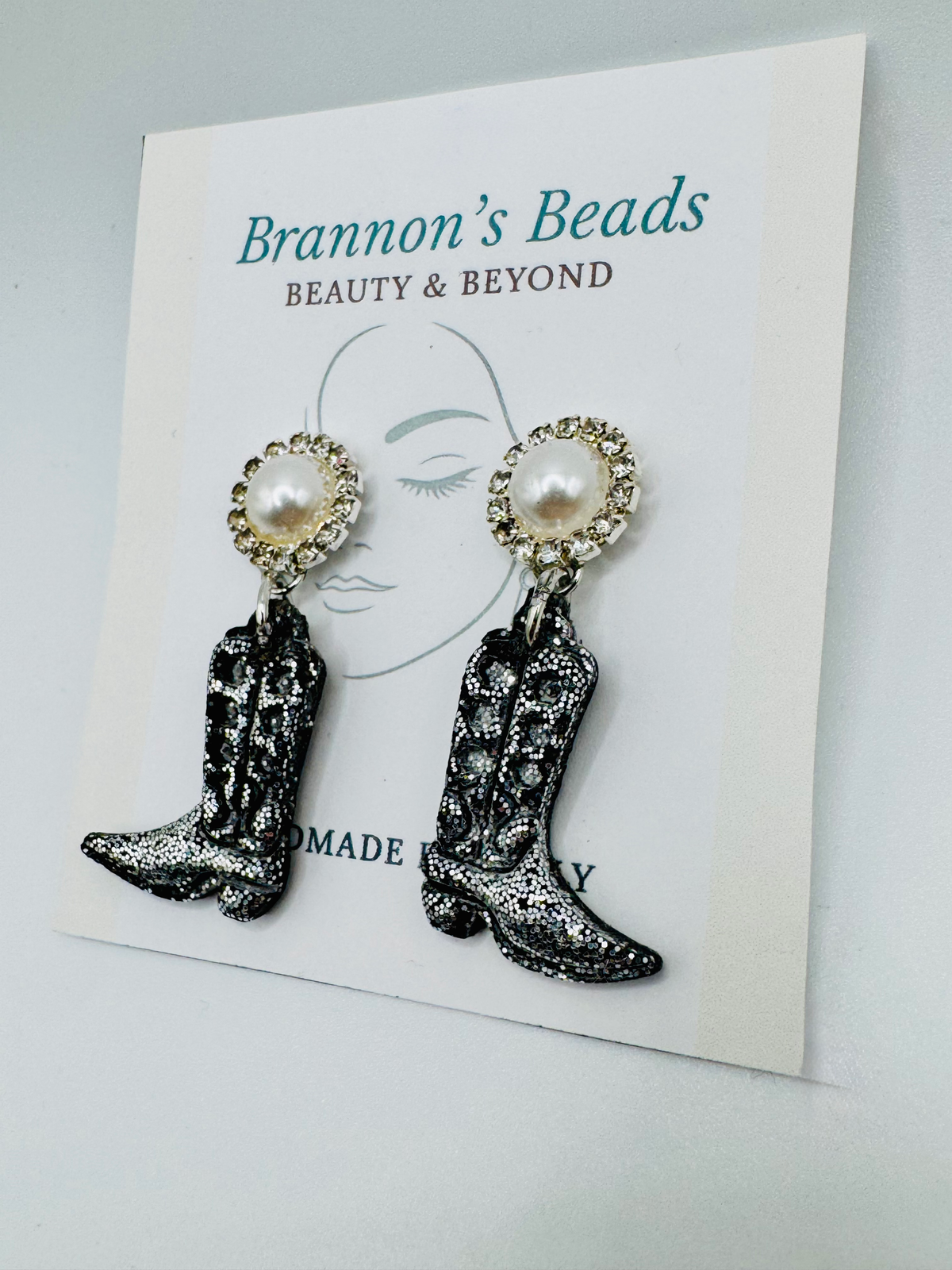Black Glitter Cowboy Boot Earrings | Pearl & Rhinestone Western Dangles