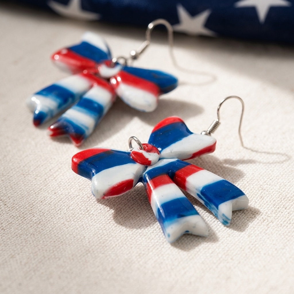 Patriotic Striped Bow Dangle Earrings