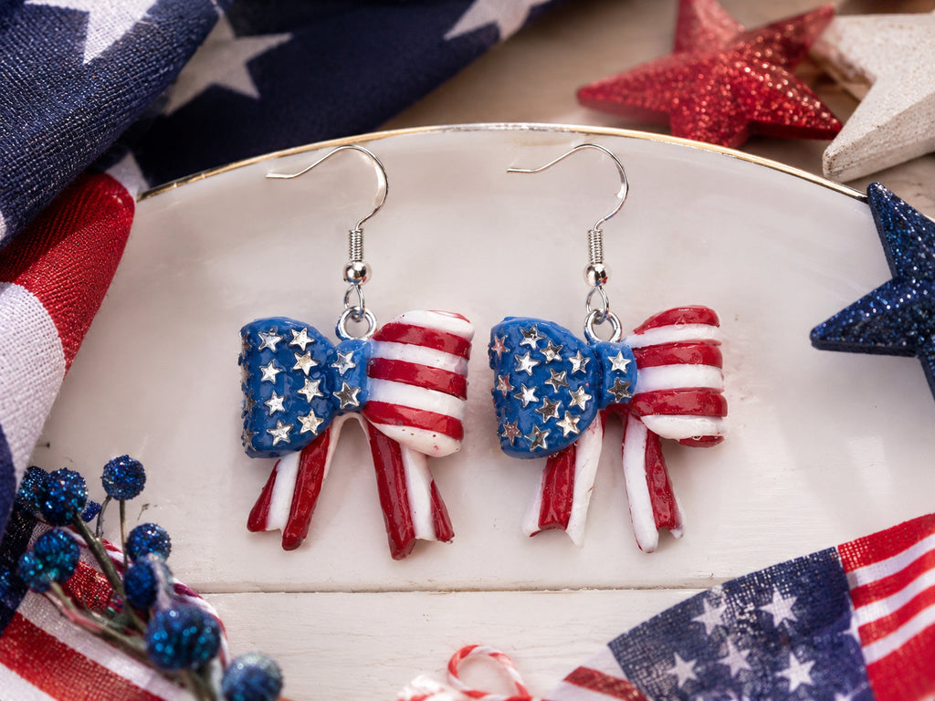 Stars & Stripes Bow Dangle Earrings – Handmade Patriotic Polymer Clay Earrings