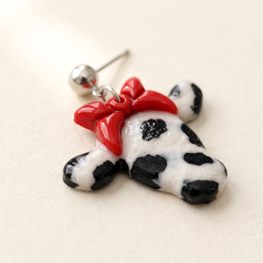 Cow Dangle Earrings with Red Bow | Farmhouse Boutique Style