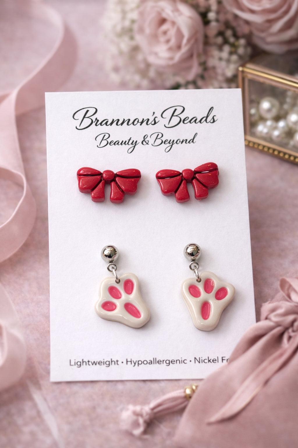 Pink Bow & Bunny Footprint Earring Set | Easter Jewelry Multi Pack