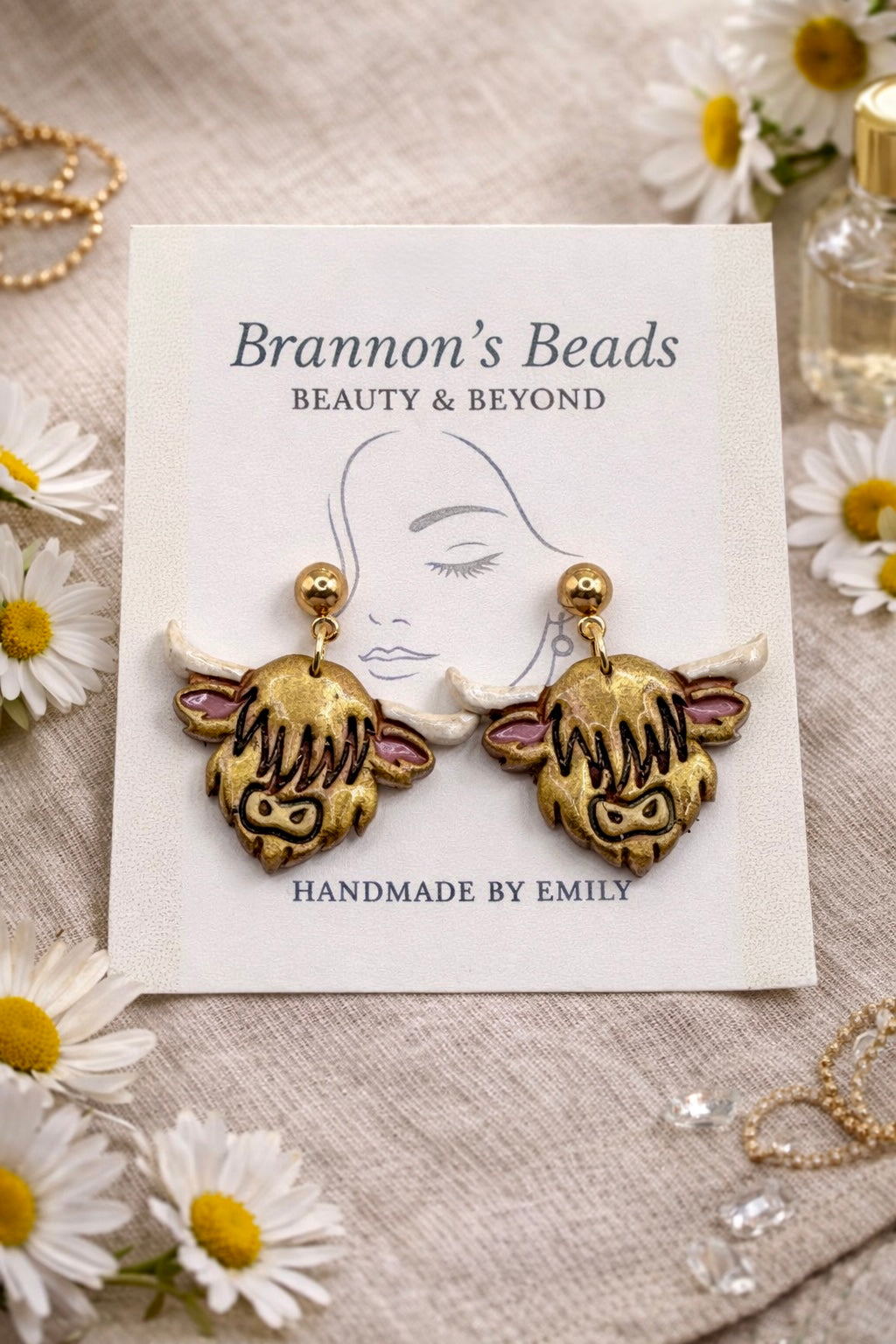 Highland Cow Dangle Earrings – Western Glam Gold & Pink | Hypoallergenic